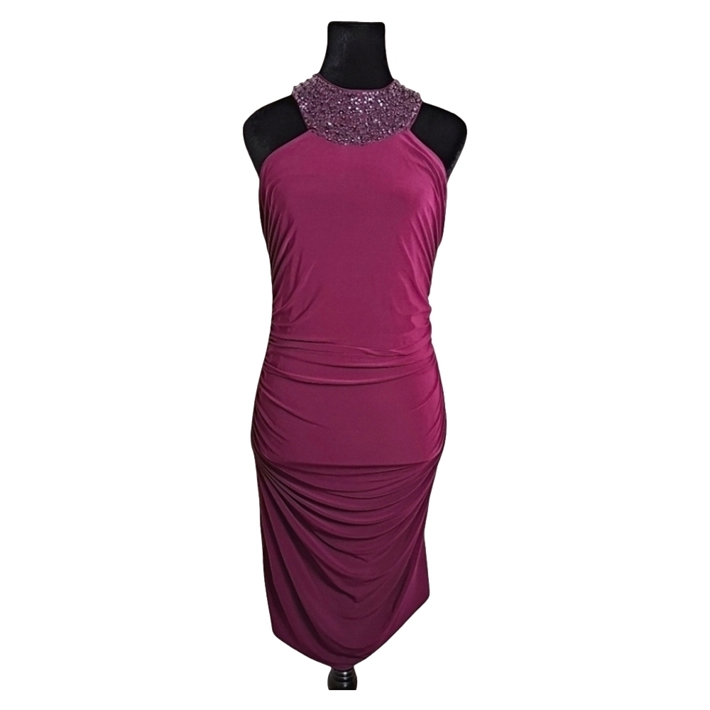 SIGNATURE Mini Dress Ruched Sides Halter Neck with Beaded Sequins Purple Size 6